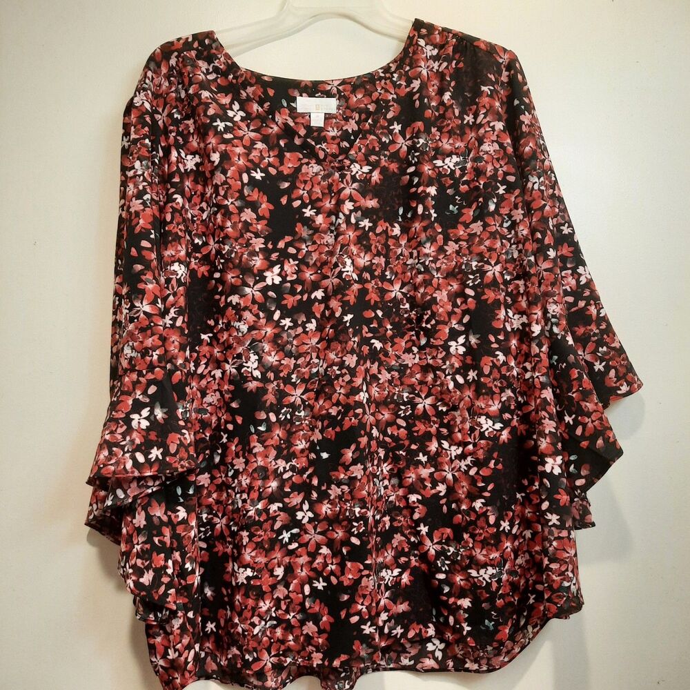 Belle by Kim Gravel 3X Floral Blouse 3/4 Bell Sleeve Black Red Plus Size Top
